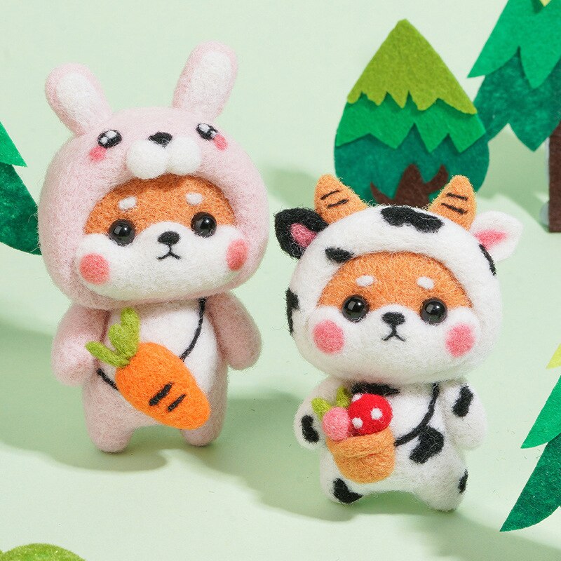 Poupée Animal en feutre de laine, jouet cochon Rat lapin serpent tigre Shiba Inu Dragon singe, Kit de feutrage à l&#39;aiguille en laine, bricolage Non fini