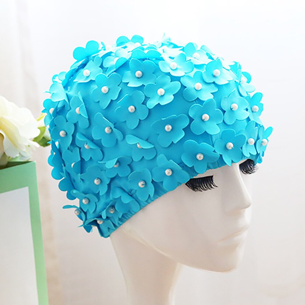 Flower Swim Cap Flower Petal Pearl Long And Short Hair Swimming Cap Nylon Pure Color Handmade 3D Bathing Hat Headgear: L