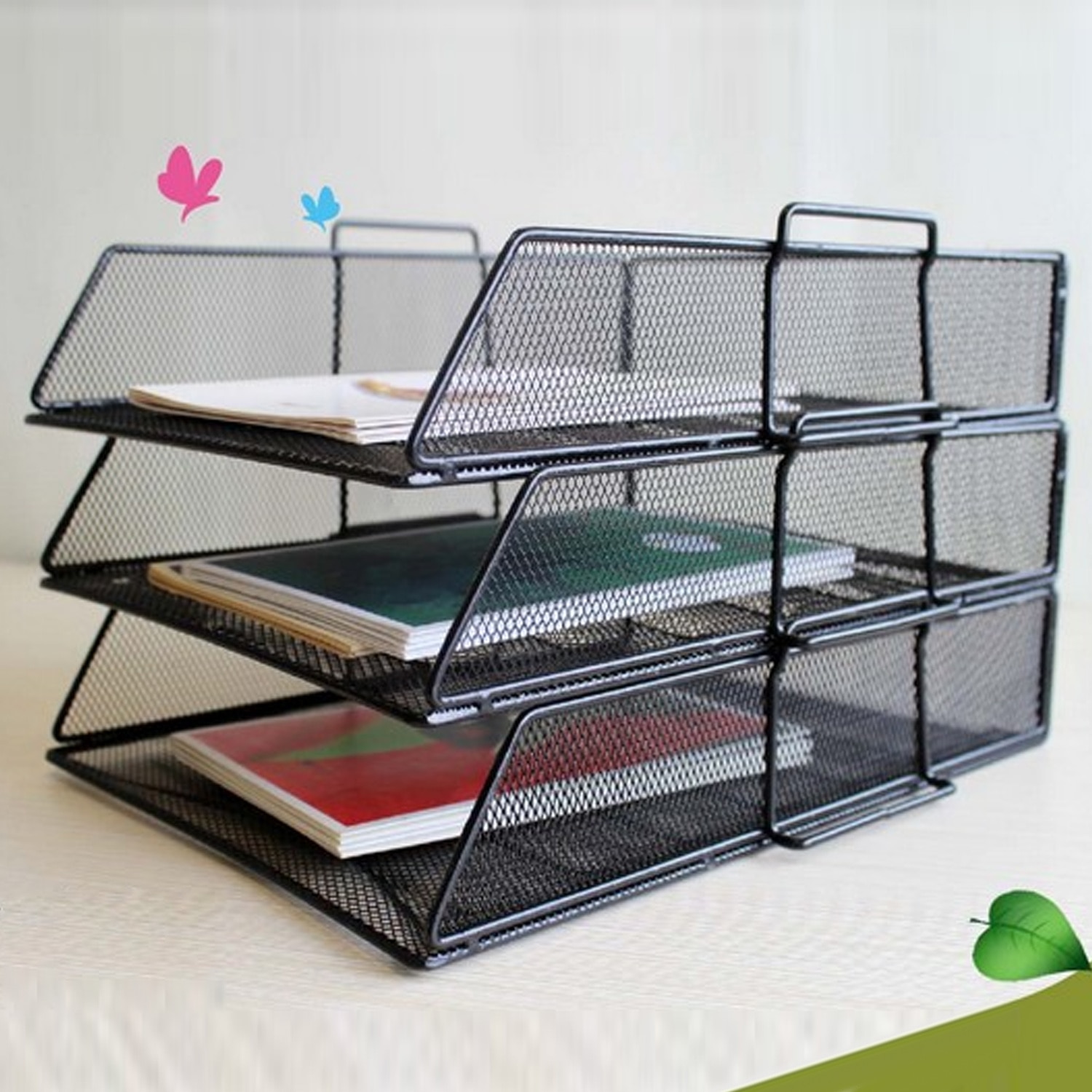 3-Tier Detachable PP Mesh File Holder Stand Organizer for Magazine Letter Paper Book Document Home Office Desk Storage Black