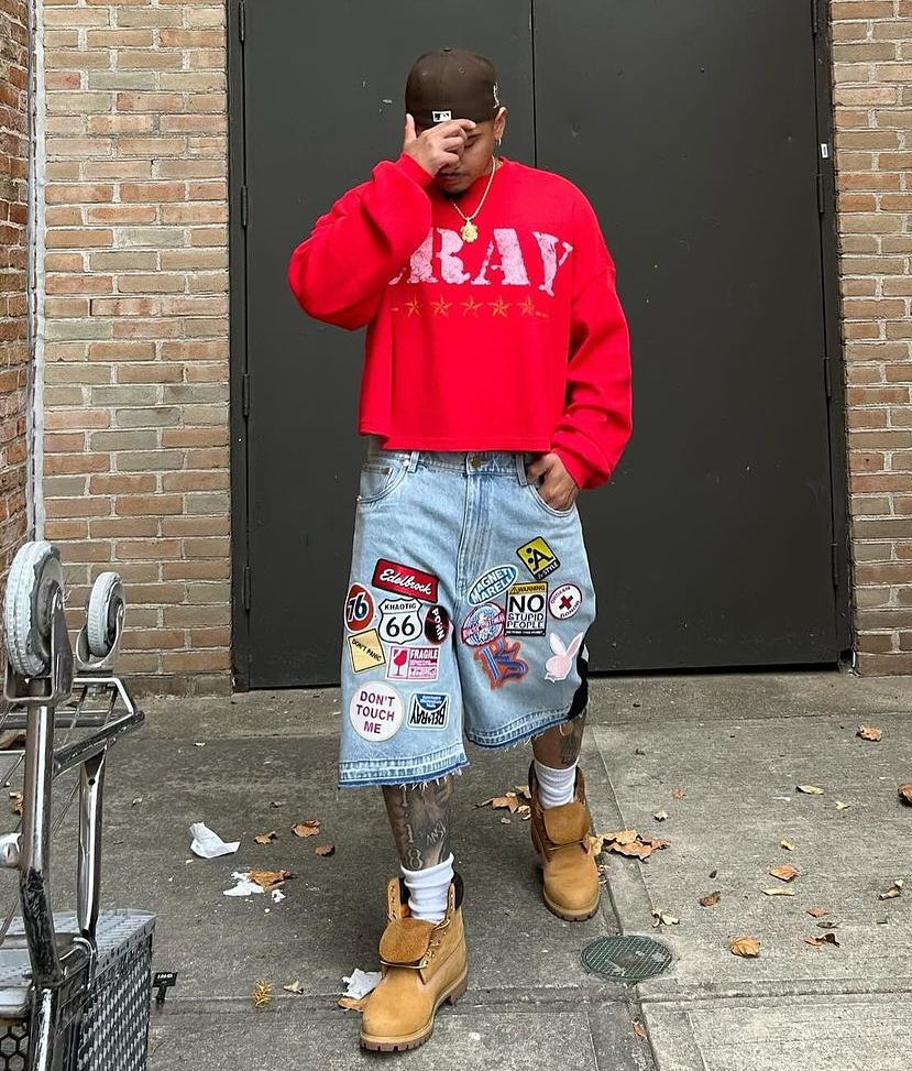 Y2K Jeans hombres mujeres Hip Hop dibujos animados gráficos ropa de calle Retro Patchwork Denim corto Retro azul suelto Denim Fitness pantalones cortos casuales