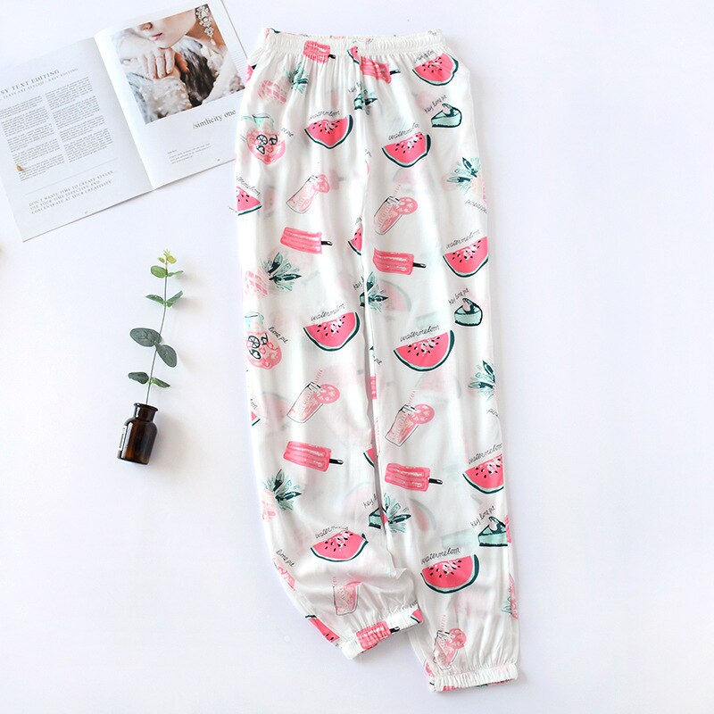 Mallas de dormir para mujer, pantalones de pijama a prueba de mosquitos, holgados, con estampado de viscosa, cintura elástica, satén: white watermelon