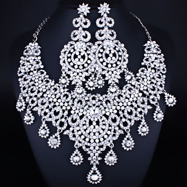 Marokkaanse stijl statement ketting oorbellen set met kristallen strass steentjes luxe bruids- en trouwsieraden sets: Geplatineerd