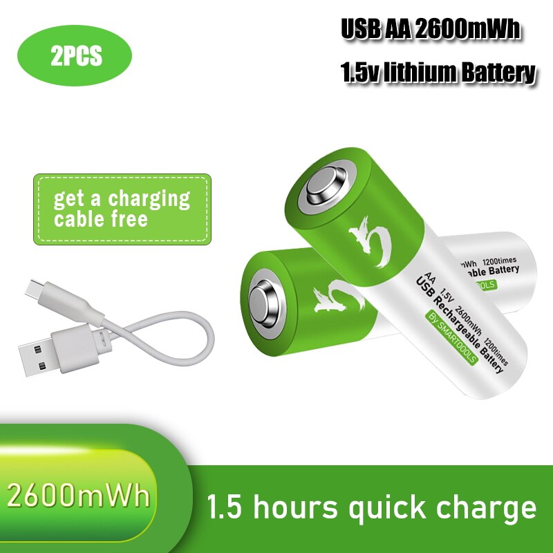 100% kapazität 1,5 V AA li-Ion Batterie 2600mwh li-Polymer mit USB aufladbare Lithium-usb batterie + USB kabel: 2Stck Batterie