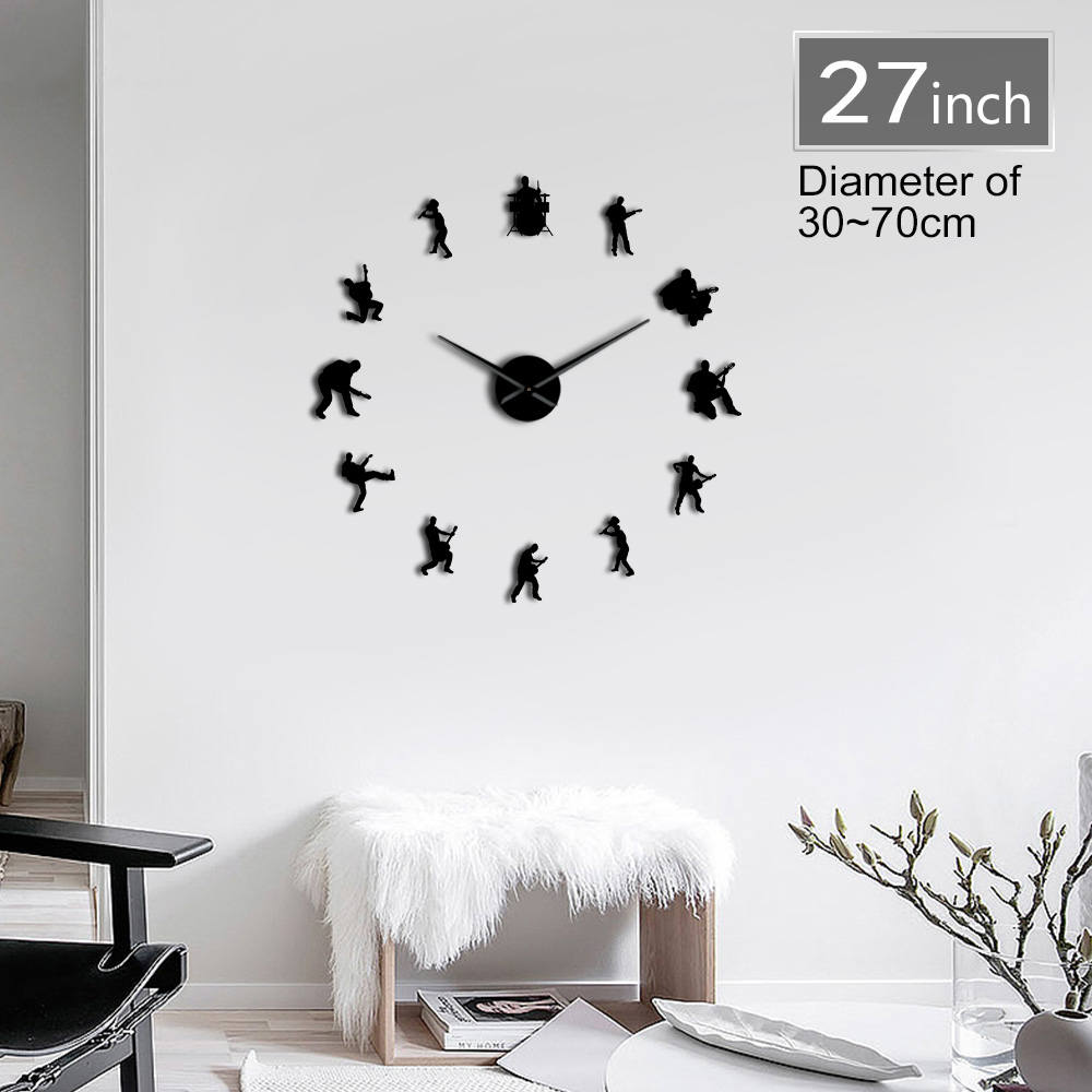 Moderne Musik Band 3D Stumm DIY Wanduhr Trommel einstellen Gitarre Spieler Heimat Zauberstab Dekor selbst Klebstoff Acryl Spiegel Wirkung uhr Uhr