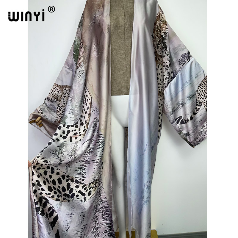 Winyi Herfst Tiger Printing Beach Wear Swim Pak Elegante Afrika Vrouwen Boho Vest Sexy Lange Mouw Kimono Jurk