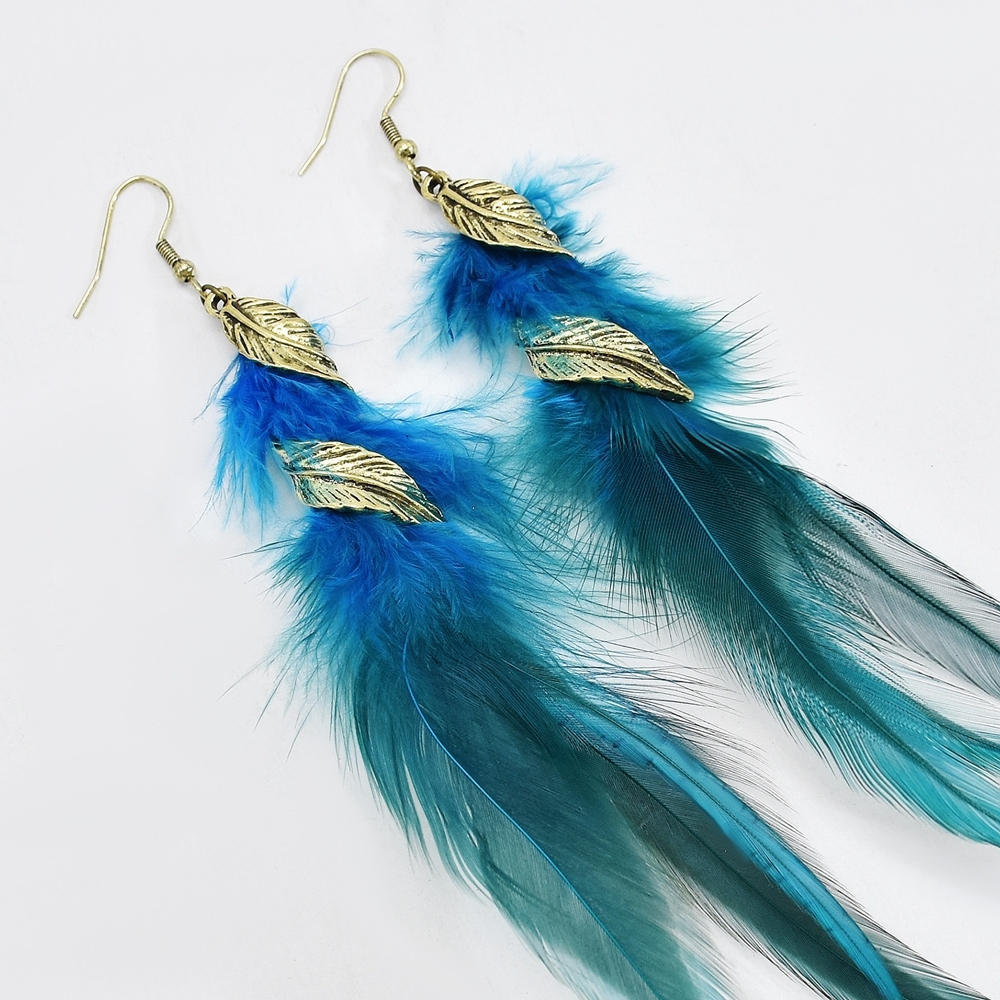 Pendientes de plumas largas bohemias de 6 colores, pendientes colgantes de plumas de hoja Retro elegantes a la para mujer, accesorios de vacaciones: Blue