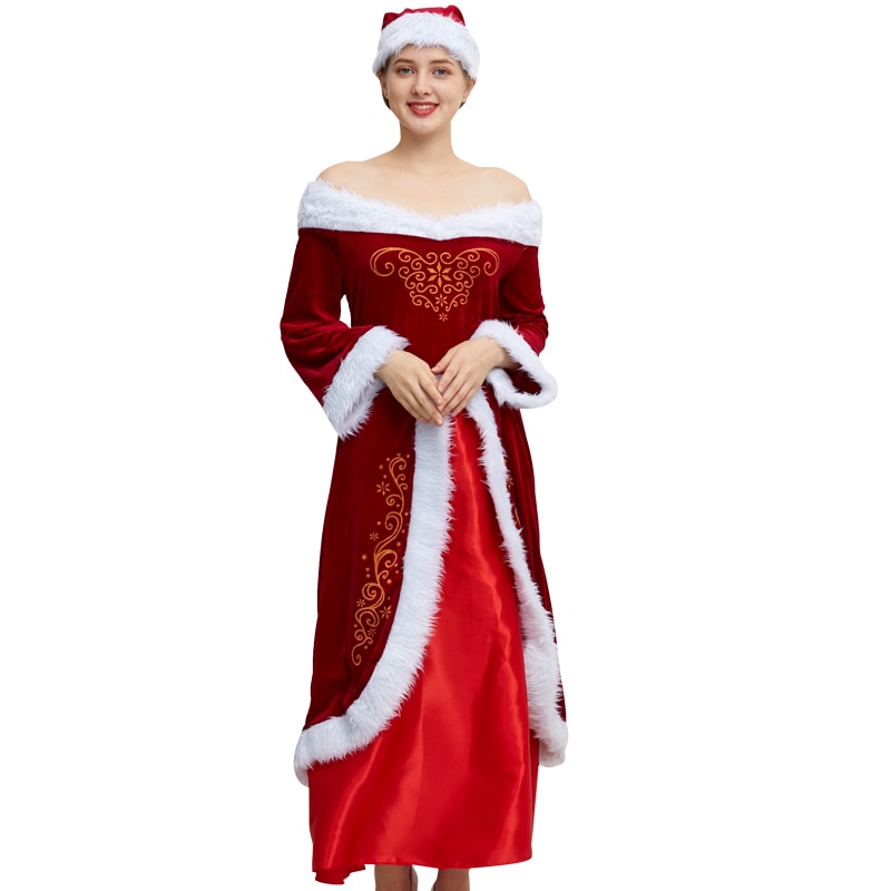Kerst Rode Jurk Kostuum Cosplay Volwassen Vrouwelijke Polyester Materiaal Hoed Kerstman Stijl