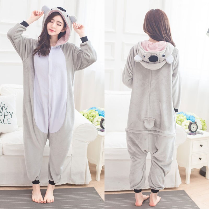 Animal Koala Sleepwear Gray Cute Pajama Adult Women Girl Kigurumis Winter Warm Soft Flannel Onesie Festival Party Outfit Overall: L(Height 165-173CM)