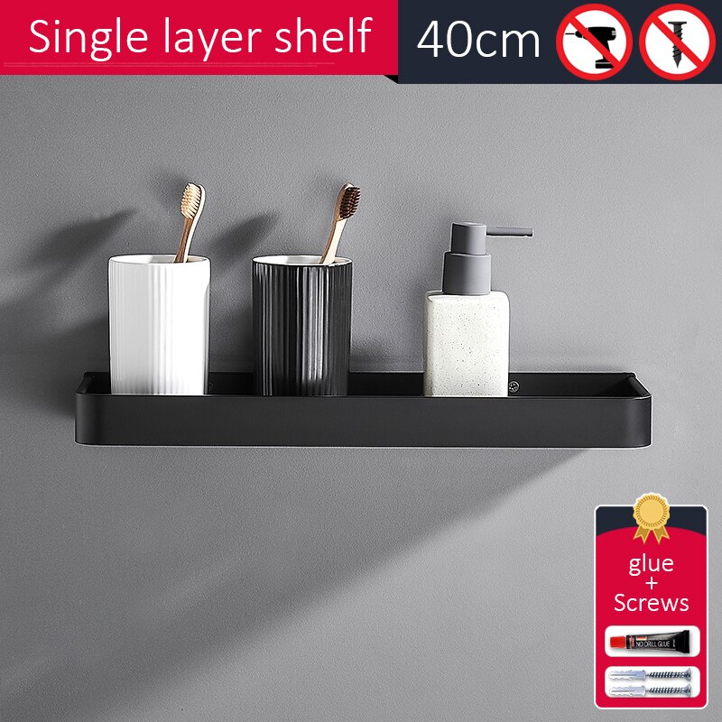 Sorte badehylder badeværelseshylde arrangør sømfri shampooholder hylder opbevaring hyldeholder badeværelseskurvholder  el1018: Hylde 40cm