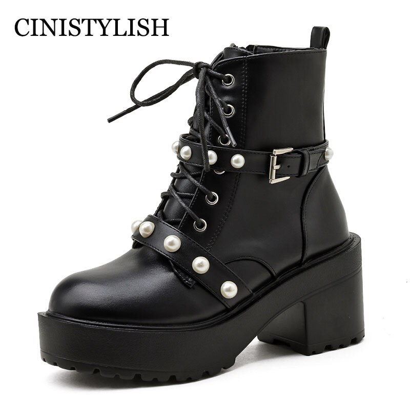 Zapatos góticos de demonio con hebilla de perla para mujer, botines de estilo gótico con plataforma Punk, botas con cordones,