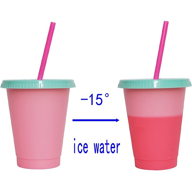 Color Changing Cup, Plastic Cup, Reusable Plastic Cup, Color Changing Cup, Plastic Cup With Cover And Straw,5 Pieces