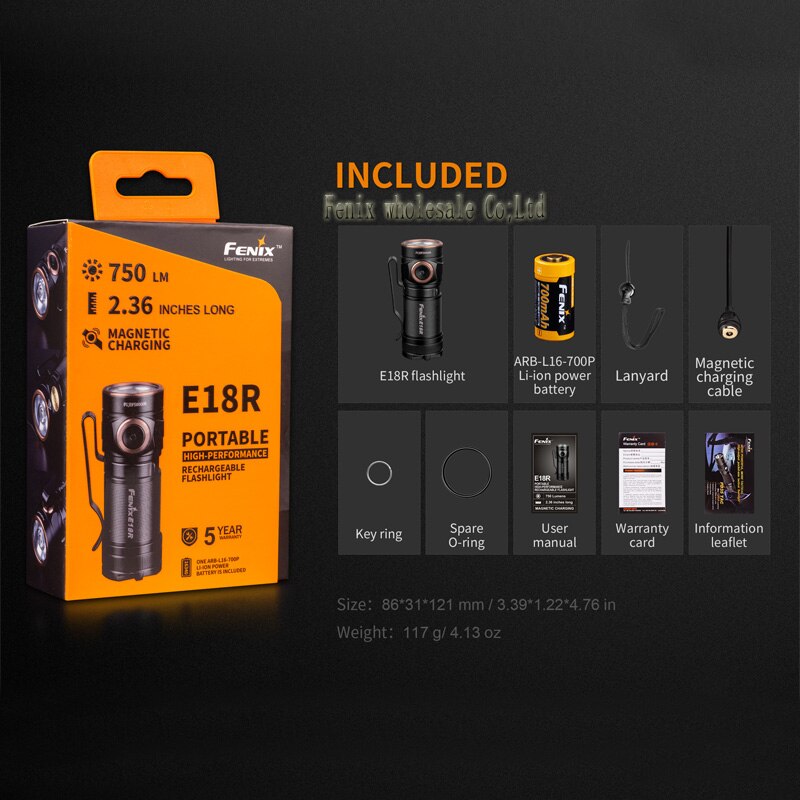Fenix E18R Cree XP-L HI LED 750 lumens 16340/CR123A magnetic charging flashlight with 16340 battery torch
