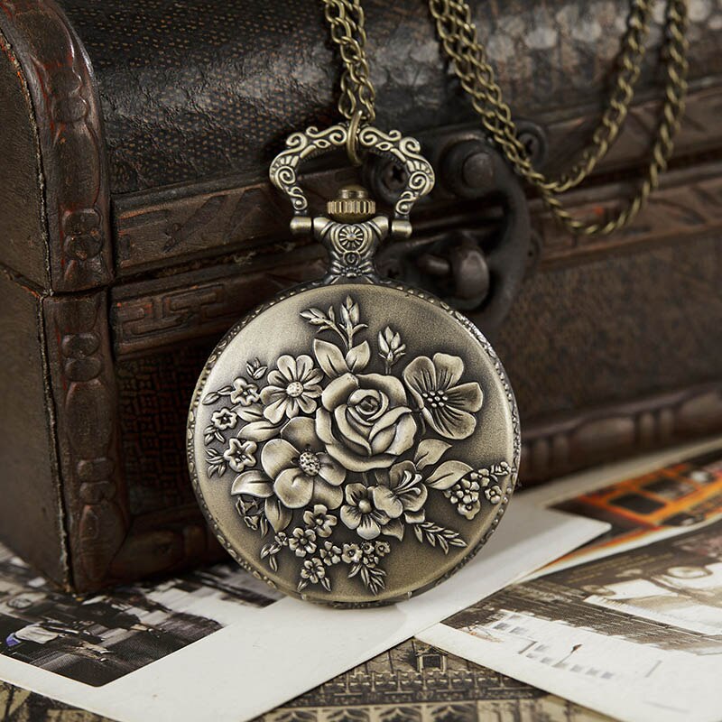 Ancient Pocket Watch Fob Chain Flower Rose Engrave Clock Mens Flip Bronze Case Watch Vintage Male Watches for Men Women: rose 3