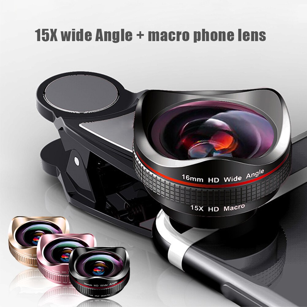 16mm 4k super vidvinkel makrotelefonlinse 2 in 1 15x forvrængningsfri hd universal clip kamera linsesæt til iphone android linse