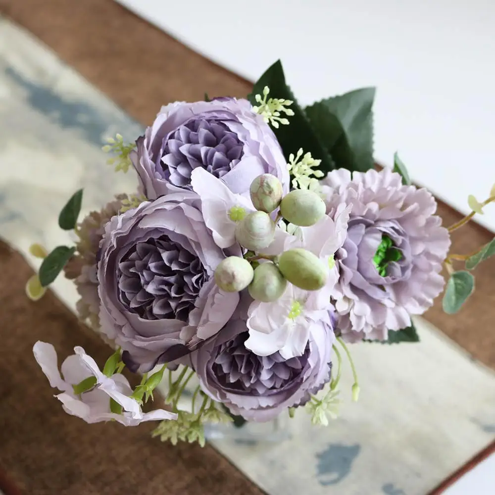 Fleurs artificielles violettes pivoines, 1 Bouquet, fausses roses d'automne en soie pour bricolage, décoration de salon, jardin de maison, mariage: 4