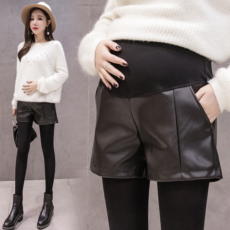 Pantalones cortos de maternidad de PU para mujeres embarazadas, Shorts de de otoño para invierno, vientre ajustable, pierna ancha, sueltos, color negro, n. ° 1079