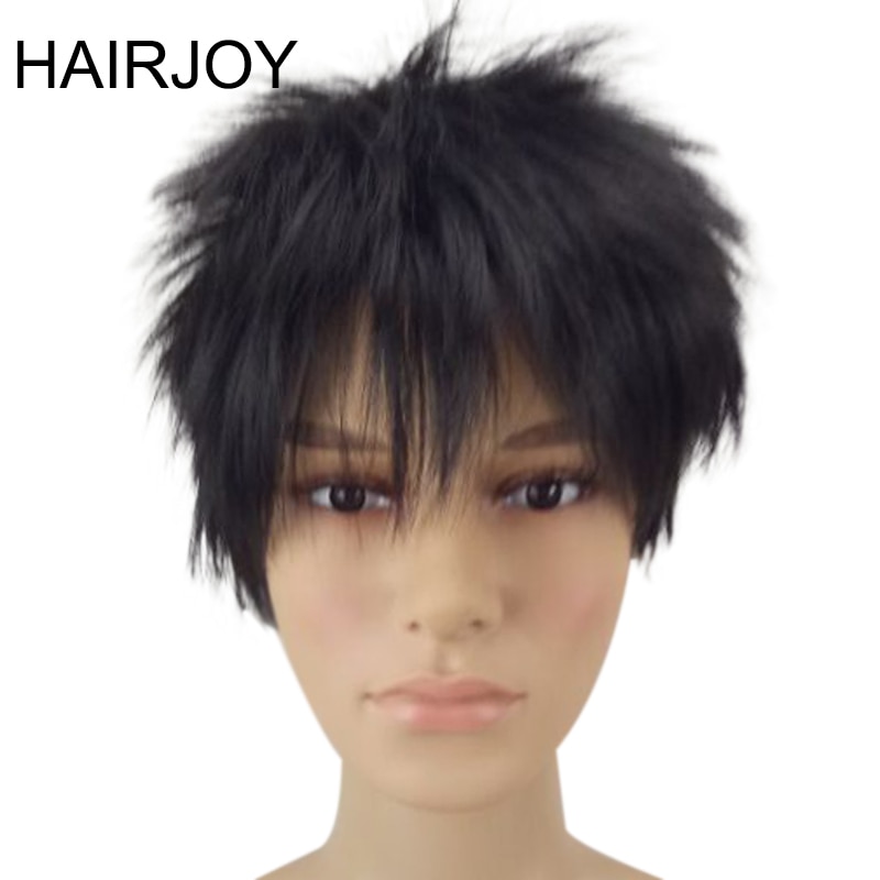Hairjoy Man Synthetisch Haar Natrural Zwarte Korte Gelaagde Pruik 1B Kleur Mannelijke Krullend Volledige Pruiken