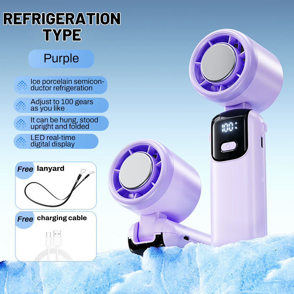 S17 Handheld Ice Fan Semiconductor Folding Ice Cooling Fan 100-Gear Adjustable LED Digital Display Travel Portable USB Mini Fan: Navy
