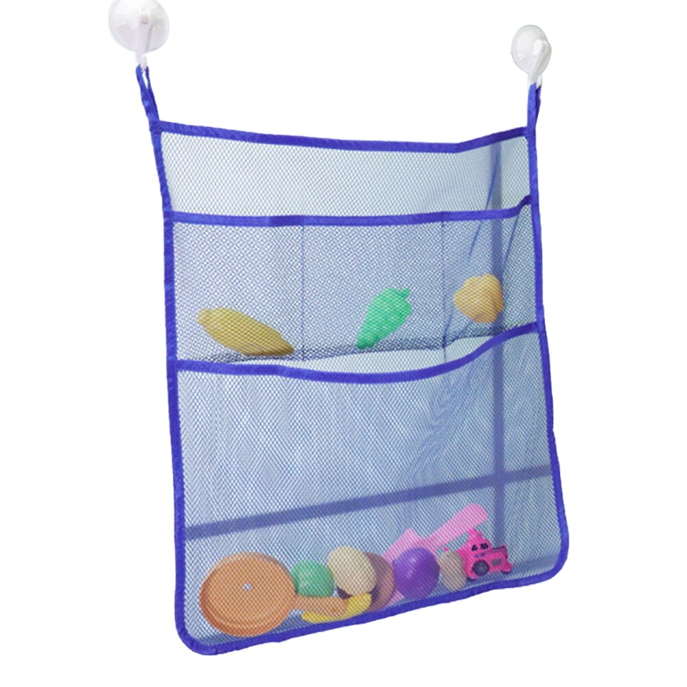 Bathroom Toys Storage Bag Powerful Suction Cup Wall Mounted Drain Mesh Four Grid Sundries Toy Organizer: Blue