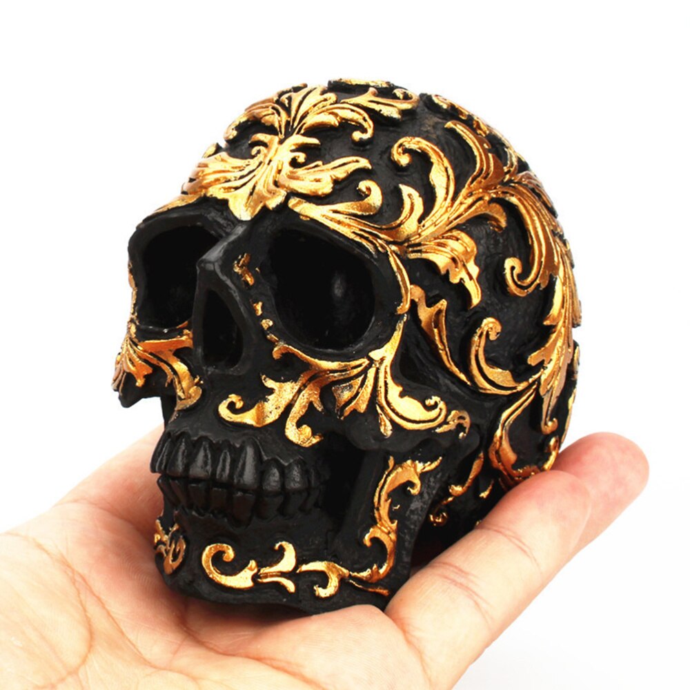 1Pc Skull Ornament Creatieve Gouden Bloem Hars Kleine Maat Funny Desktop Ornament Schedel Hoofd Ornament Skelet Decoratie