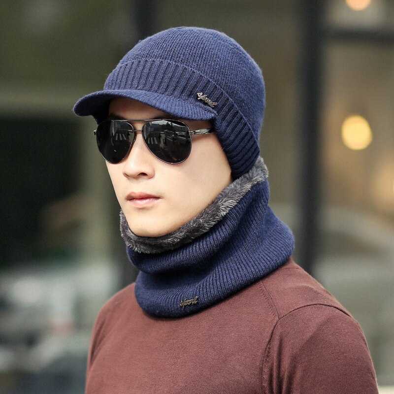 Herfst Winter Mannelijke Hoeden Sets Warm Gebreide Wollen Mutsen Sjaals Pak Jongen Cap Hals Kraag Dikke Pluche Mannen Hoed Sjaal 2 stuks Set: solid navy
