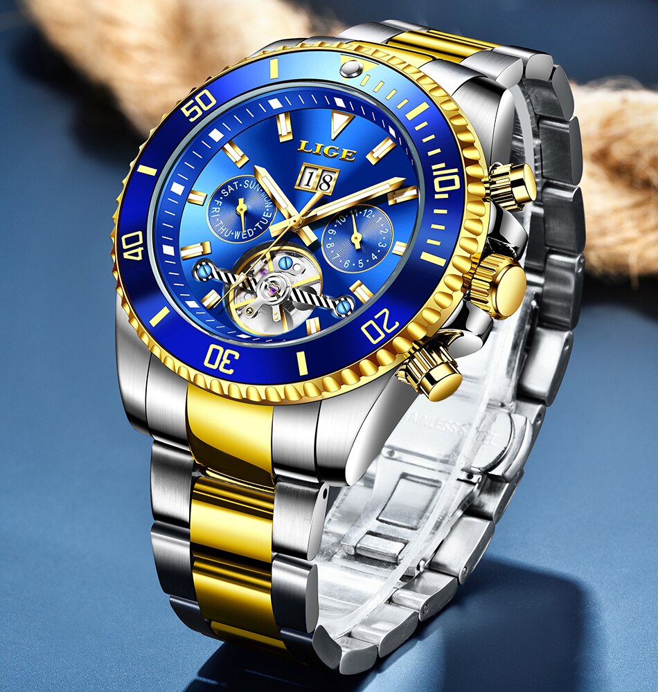 LIGE Marken Männer Automatische Mechanische Tourbillon Uhr Luxus Edelstahl Sport Uhren Herren Uhr Relogio Masculino