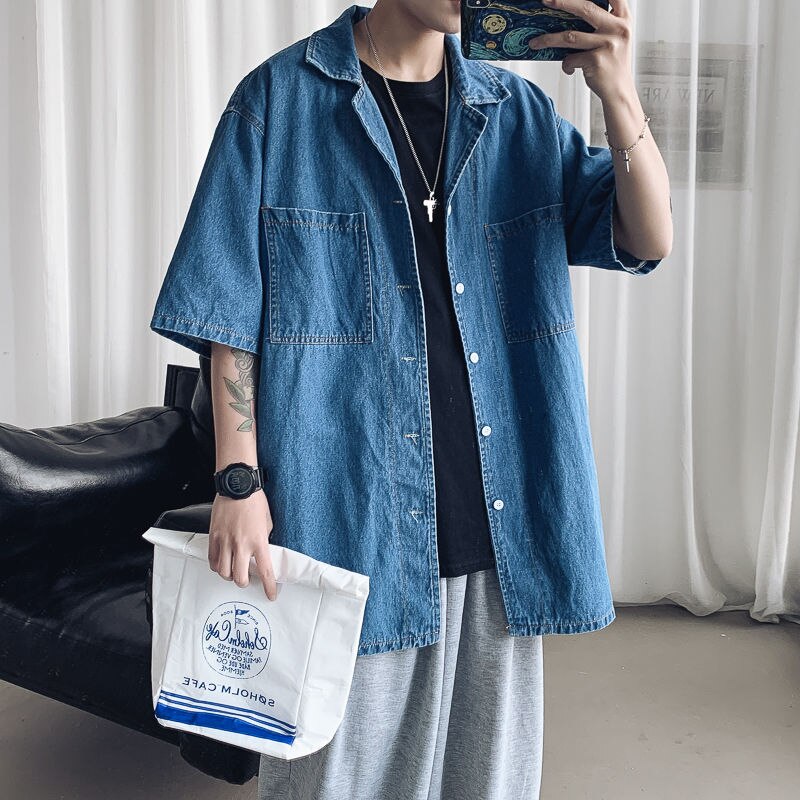 Zomers spijkerhemd met korte mouwen heren gewassen retro katoenen overhemd heren streetwear losse tooling spijkerhemden heren m -2xl