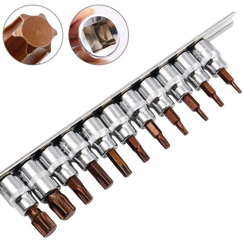 11Pcs T10-T60 3/8" 1/4" Star Hexagonal Torx Bit Socket Kit Driver Sleeve Tool: B