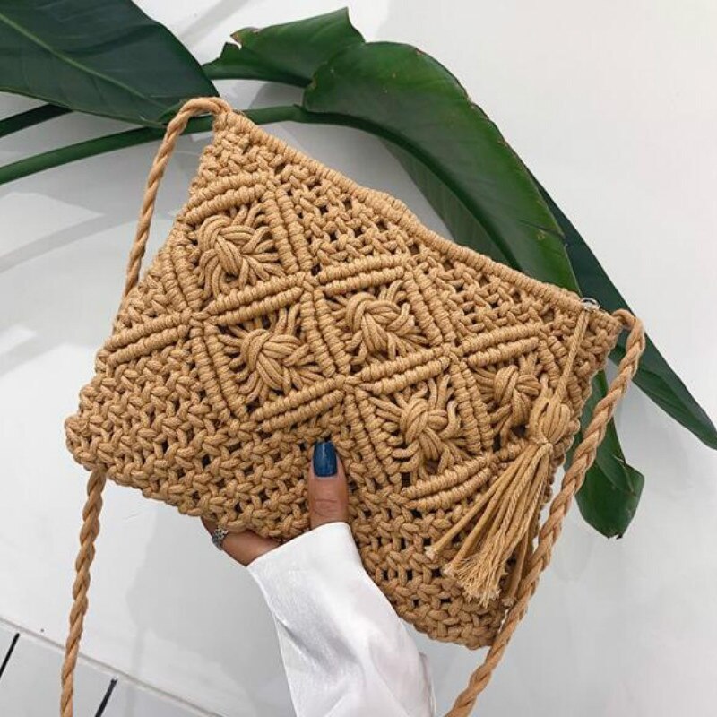 Sac à main à franges, sacoche en corde de coton, sac en fil de coton, sac à épaule Oblique, sac tissé Portable
