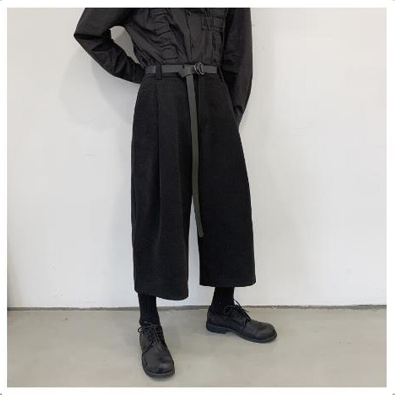 Menn svarte løse uformelle ullbukser med brede ben med belte mannlige japan streetwear hofte hopp gotisk rett haremsbukse kimonobukse