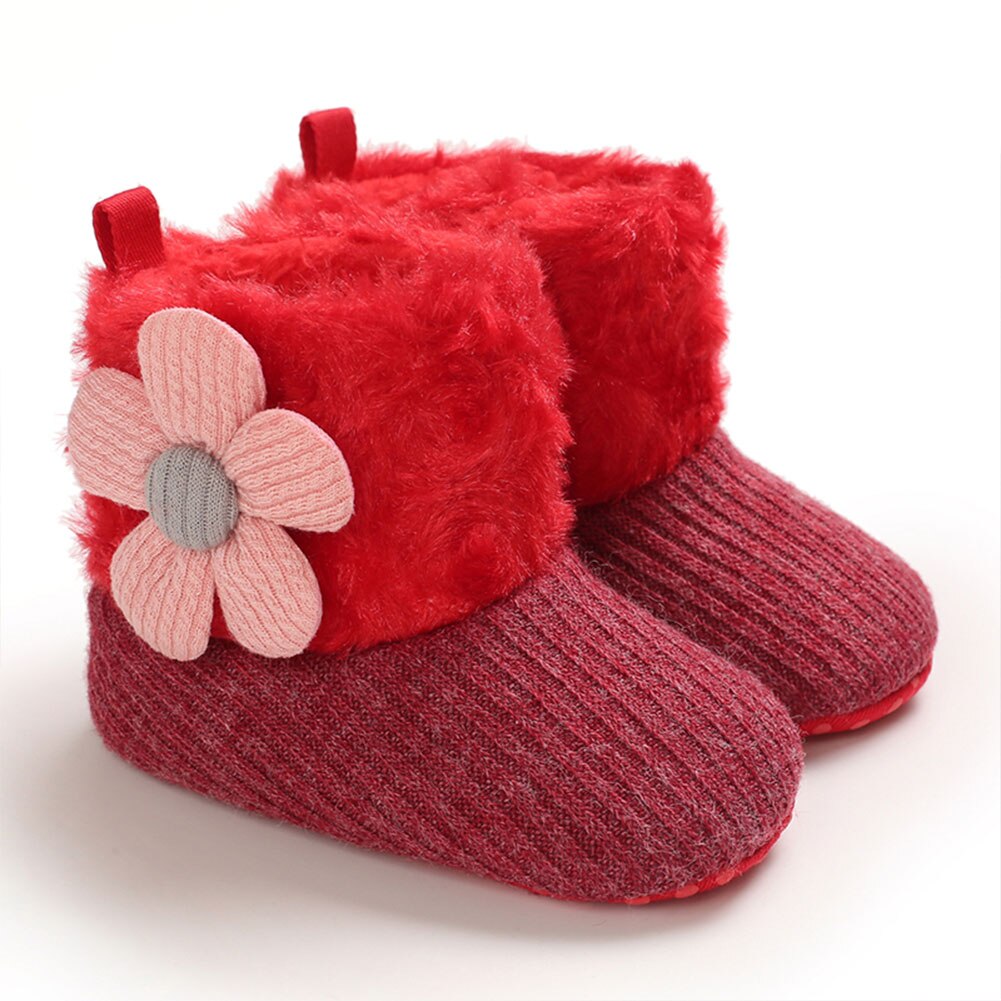 0-18m bébé filles bottes de neige doux fausse fourrure tricot fleur chaussons anti-dérapant infantile Prewalkers: B / 0-6 mois