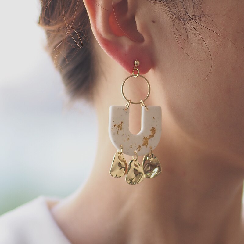 Handmade Gold Foil Abstract Pattern Polymer Clay Earrings Geometric Dangle Pendant Statement Art Earrings