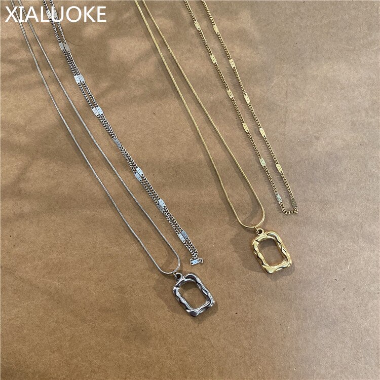 Xialuoke Bohemen Geometrische Metalen Rechthoek Hanger Dubbele Ketting Ketting Voor Vrouwen Retro Hip Hop Rock Ketting