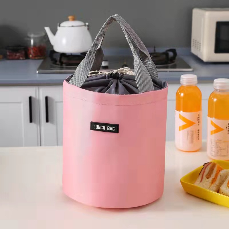 Large Capacity Portable Lunch Bag Fresh-keeping Cylindrical Insulated Lunch Box Round Aluminum Foil Food Thermal Cooler Tote: Pink