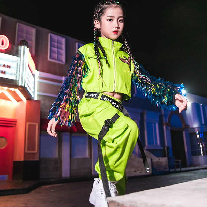 Hip hop dans kostumer fluorescerende grøn kvast frakke piger jazz tøj børn street dans scene performance slid  dn4099