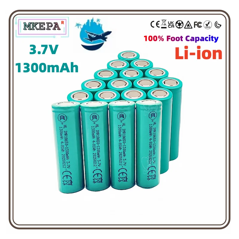 Batteria al litio ricaricabile IMR18650 1300mAh originale al 100% da 3,7 V, adatta per torce portato con ventilatore portatile, giocattoli elettrici