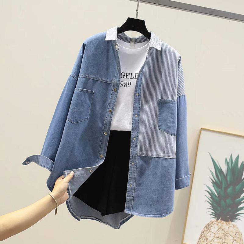 Splicing denim skjorte damefrakke forår efterår koreansk cowboyjakke løs langærmet lette jeans overtøj dametoppe