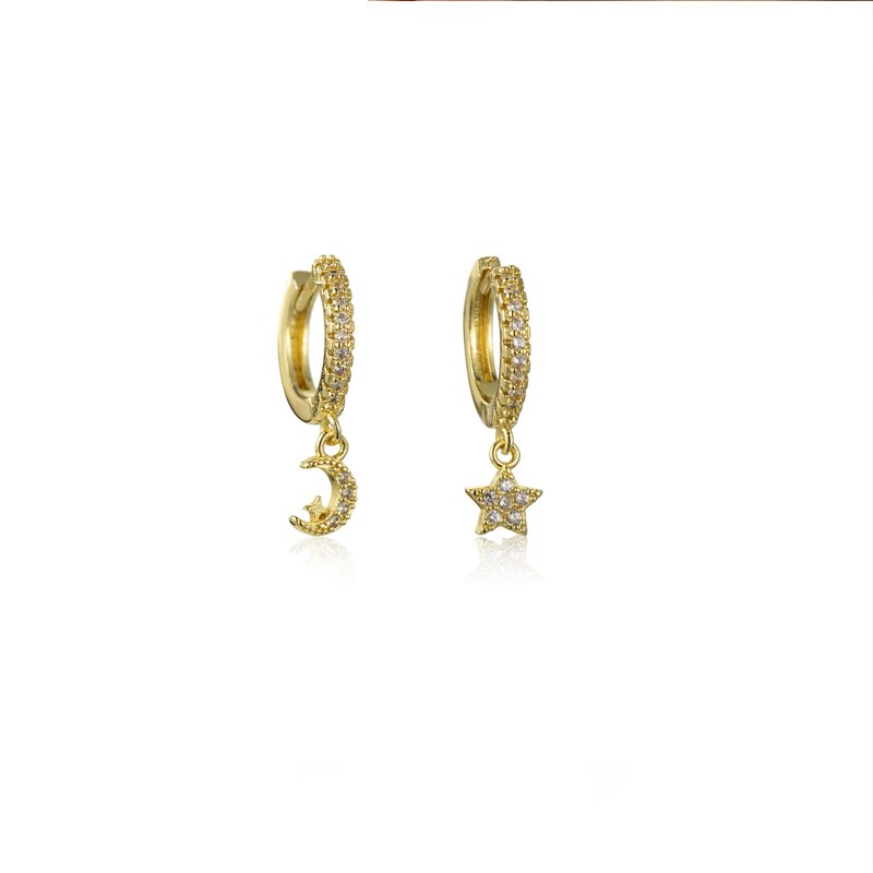 SIPENGJEL-pendientes colgantes de estrella plateada para mujer, aretes delicados de aro con forma de luna y Estrella, joyería para
