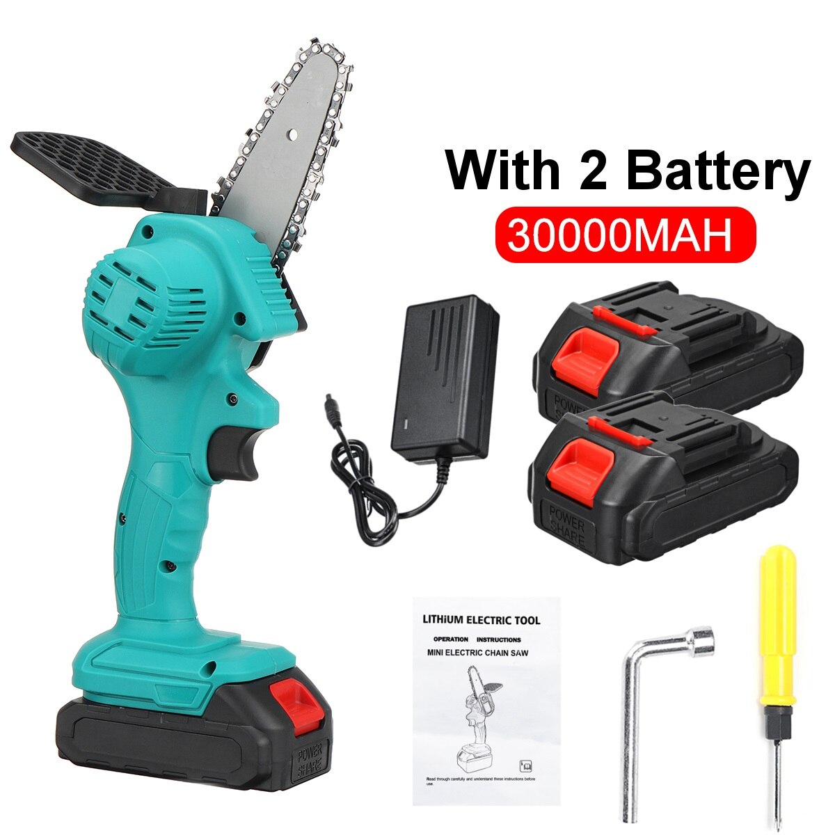 3000W 88VF 4 Inch Mini Electric Saw Chainsaw Garden Tree Logging Saw Woodworking Tools Wood Cutters with 2 Battery: green 2 battery