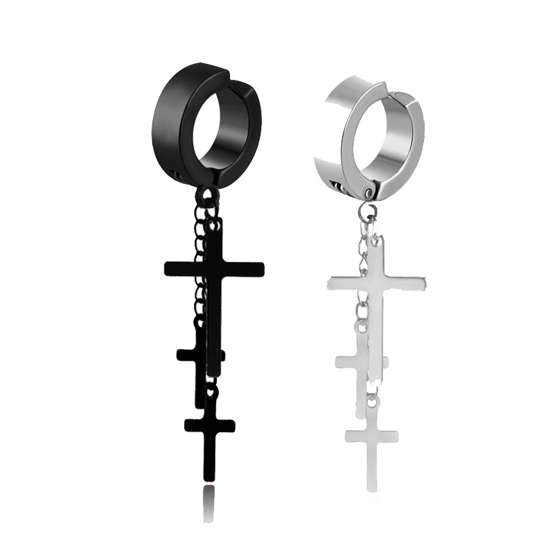 Pendientes a presión de acero y titanio Punk Rock para hombre y mujer, 3 cruces, aretes largos con Clip de borla, joyería para hombre y mujer, Color negro y plateado: 1 silver 1 black