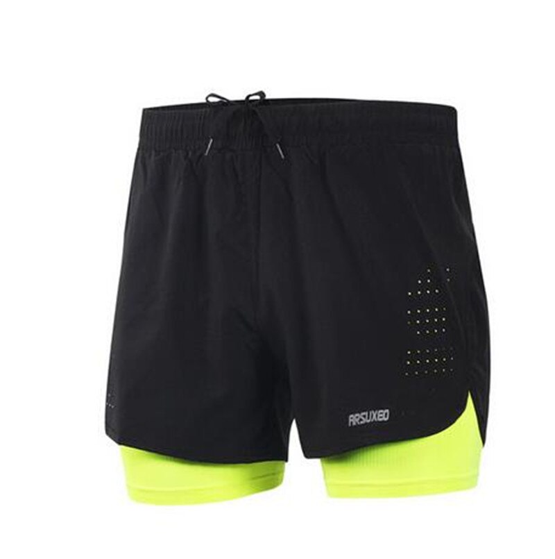ARSUXEO Sport Fietsbroek Mannen 2 In 1 Marathon Sportbroek Sneldrogend Ademende Fietsbroek Met Ritsvak: Groen / L