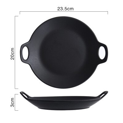 Nordisk retro keramisk tallerken med håndtak rund frokost middag tallerken årgang lagring brød dessert fruktbrett hjem dekorasjon: Rund svart