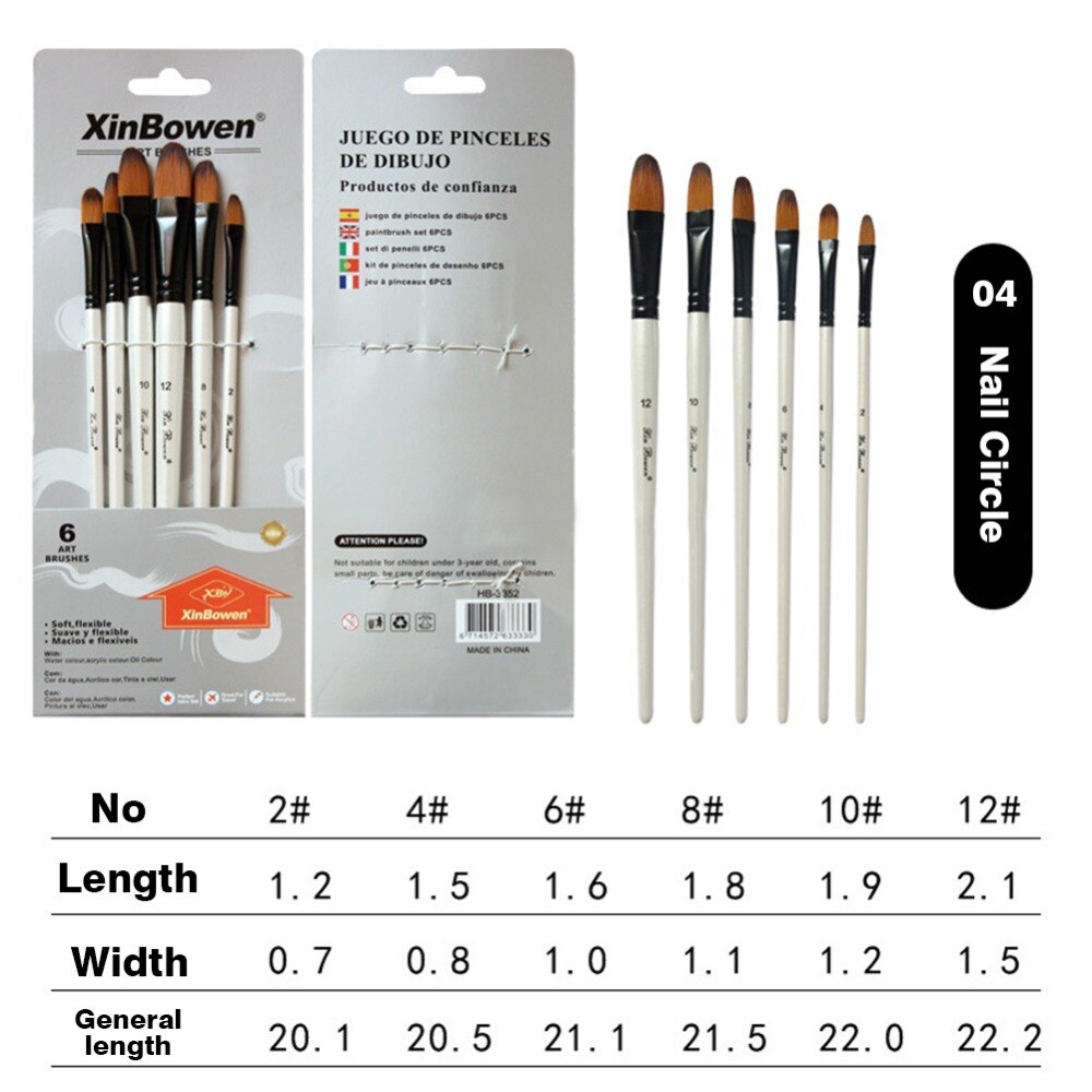 Juego de Pinceles con mango de madera para dibujo artístico, Set de pinceles con pelo corto de nailon para pintura, material de dibujo, 6 unids/set