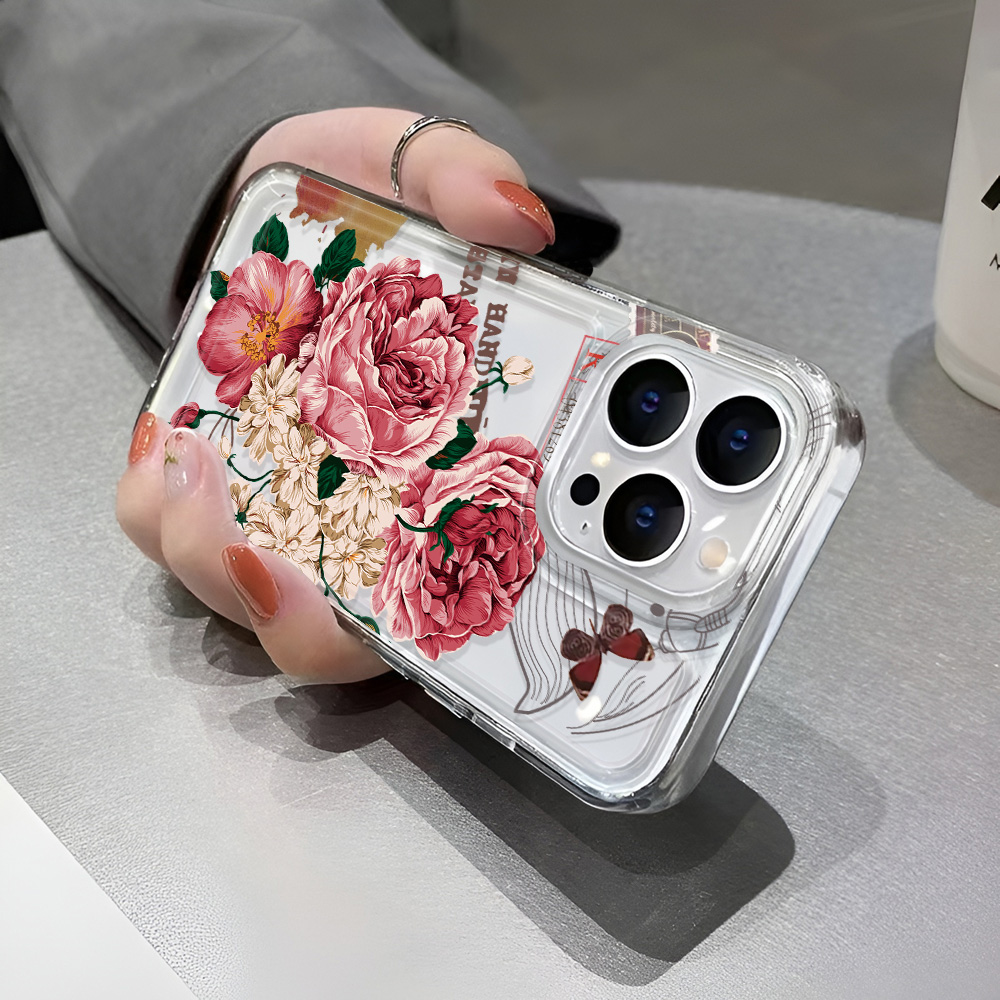 Funda de teléfono transparente con flores de lujo para Apple iPhone 16 15 14 13 12 11 Pro Max SE , funda trasera dura transparente
