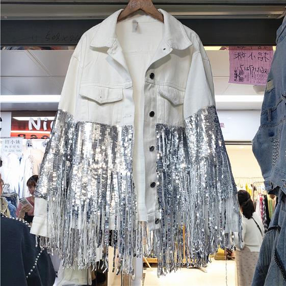 Denim Mantel Frauen Frühling Herbst Neue Single Schnalle Pailletten Quaste Schwarz Weiß Jeans Jacke frauen Grund Denim Jacken: Weiß / L