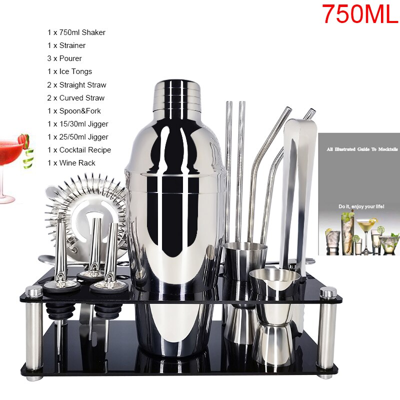 1-14 Teile/satz Edelstahl Boston Schnee Cocktail Shaker Rührgerät Trinken Barmann Werkzeug einstellen mit Gestell Rahmen Bar Cocktail Rezept: ZH 15P 750MLRACK