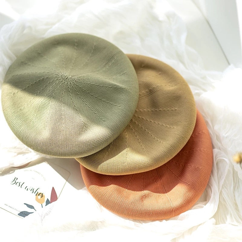 Spring Summer Breathable Hat Ladies Cotton Linen Solid Candy Color Beret French Artist Knitted Beret