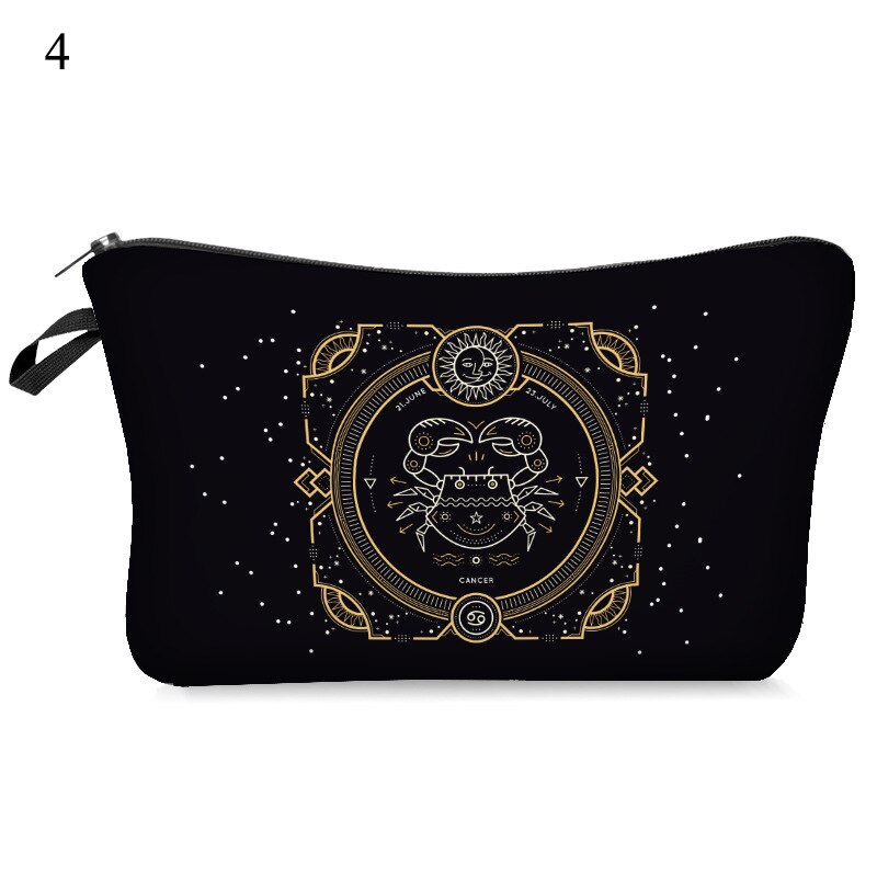 Women Makeup Cosmetic Bag Black Toiletry Bag With 12 Constellation Travel Bag Organizer Beauty Case Printed Makeup Pouch