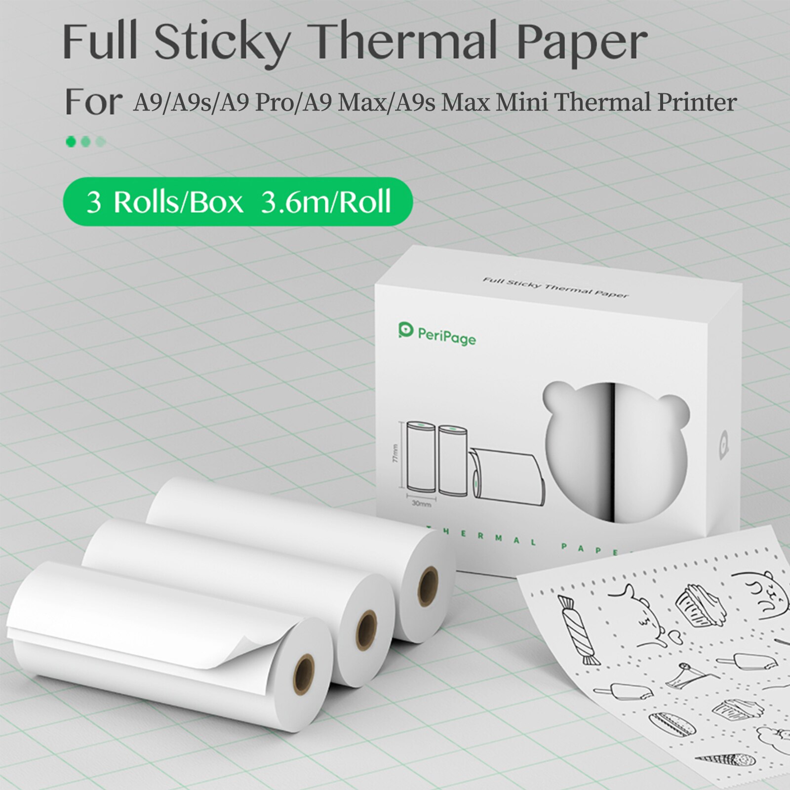 PeriPage – 3 rouleaux de papier autocollant thermique 77x30mm, papier autocollant imprimable sans BPA pour PeriPage A9/A9s/A9 Pro/A9 Max: Adhesive Paper White