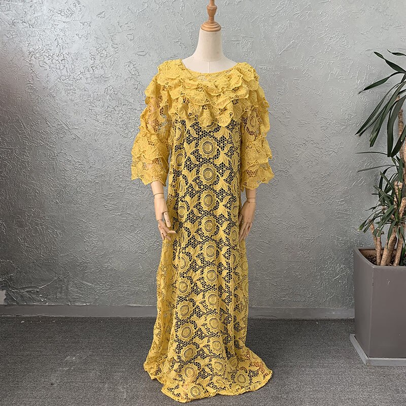 Lace African Dresses for Women Plus Size Muslim Dashiki African Clothes Abaya Dubai Boubou Robe Africa Maxi Dress: YELLOW